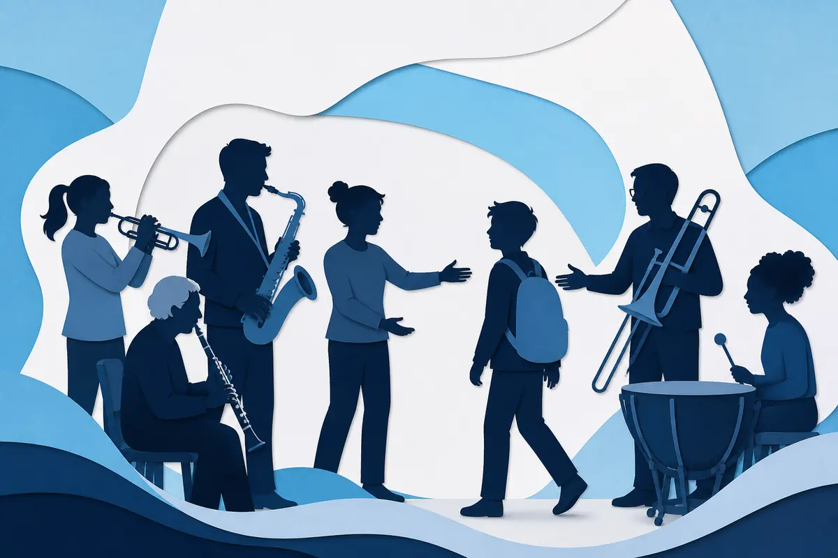 Silhouetten eines Musikensembles, das einen jungen Musiker willkommen heißt