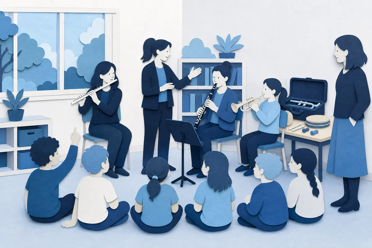 Kinder probieren gemeinsam mit Musikerinnen des Musikvereins Blasinstrumente in einem Grundschulraum aus