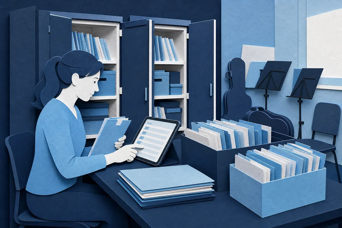 Notenwartin organisiert Papiernoten und digitales Archiv im Probenraum eines Musikvereins