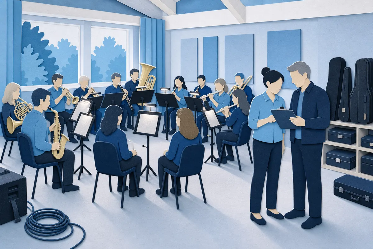 Musikverein prüft bei einer Probe Notenpulte, Kabel und Inventar