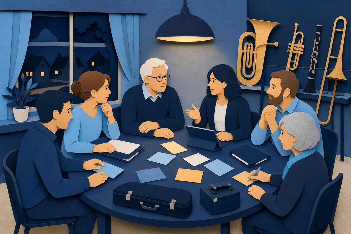 Musikvereinsvorstand organisiert Aufgaben gemeinsam an einem Tisch im Probenraum