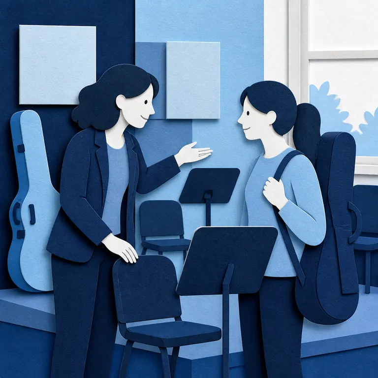 Registerpatin zeigt einer neuen Musikerin ihren Platz und die Notenablage