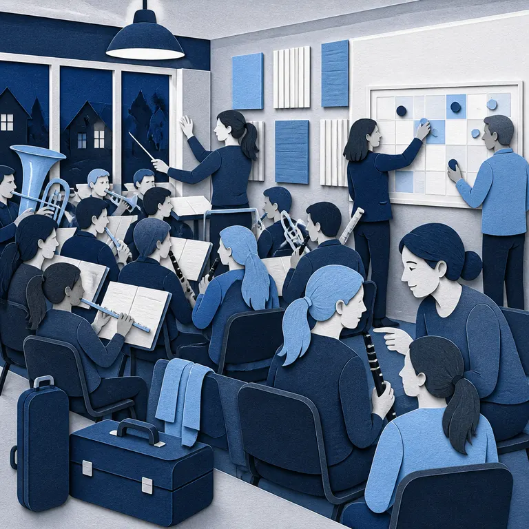 Papier-Silhouettenillustration zu Probenarbeit im Musikverein organisieren: Jahresstruktur, Ziele und Zuständigkeiten